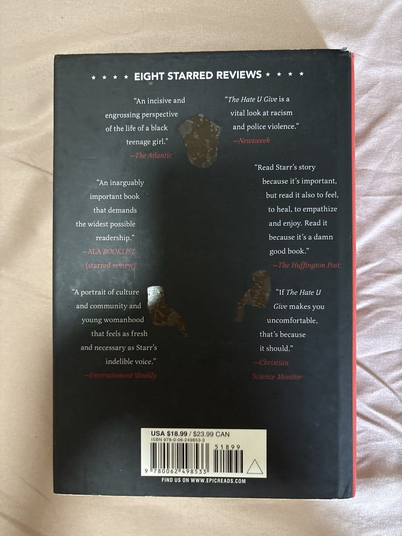 The Hate U Give by Angie Thomas (hardbound) (Category: Storybooks) located in Manila. Submitted by declutterbybeans (Listing ID 1444571651, Image 2). Description: - The Hate U Give by Angie Thomas - Notes: no annotations oxidized pages at the side.