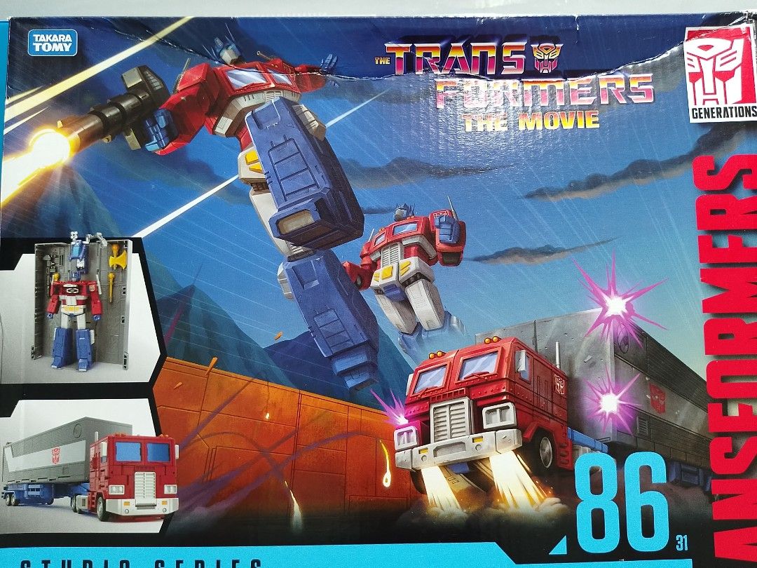 Transformers Studio Series 86-31 Commander Class Optimus Prime Action Figure (Category: Figurines & Statues) located in Santa Rosa. Submitted by kltoys (Listing ID 1444596117, Image 2). Description: -New, damaged packaging condition - Transformers Studio Series 86 Optimus Prime - From The Movie - Includes trailer, axe, blaster, and ion blaster - Transforms from robot to truck mode - Ideal for collectors and fans of the classic movie.