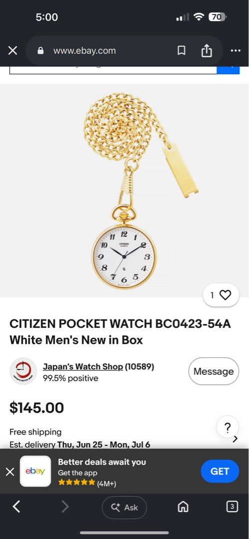 Vintage Citizen Quartz Pocket Watch (Category: Accessory Holder, Box & Organizers) located in Cavite. Submitted by .billy (Listing ID 1439332241, Image 3). Description: Era: Late 1980s – early 1990s Movement: Quartz (Japan) Case Size (Watch Head): 36.3 mm Reference / Markings: 2830-262913 K / 40901199 Details: Citizen pocket watch with Japanese quartz movement Gold-tone case with matching pocket chain White dial with Arabic numeral hour markers C