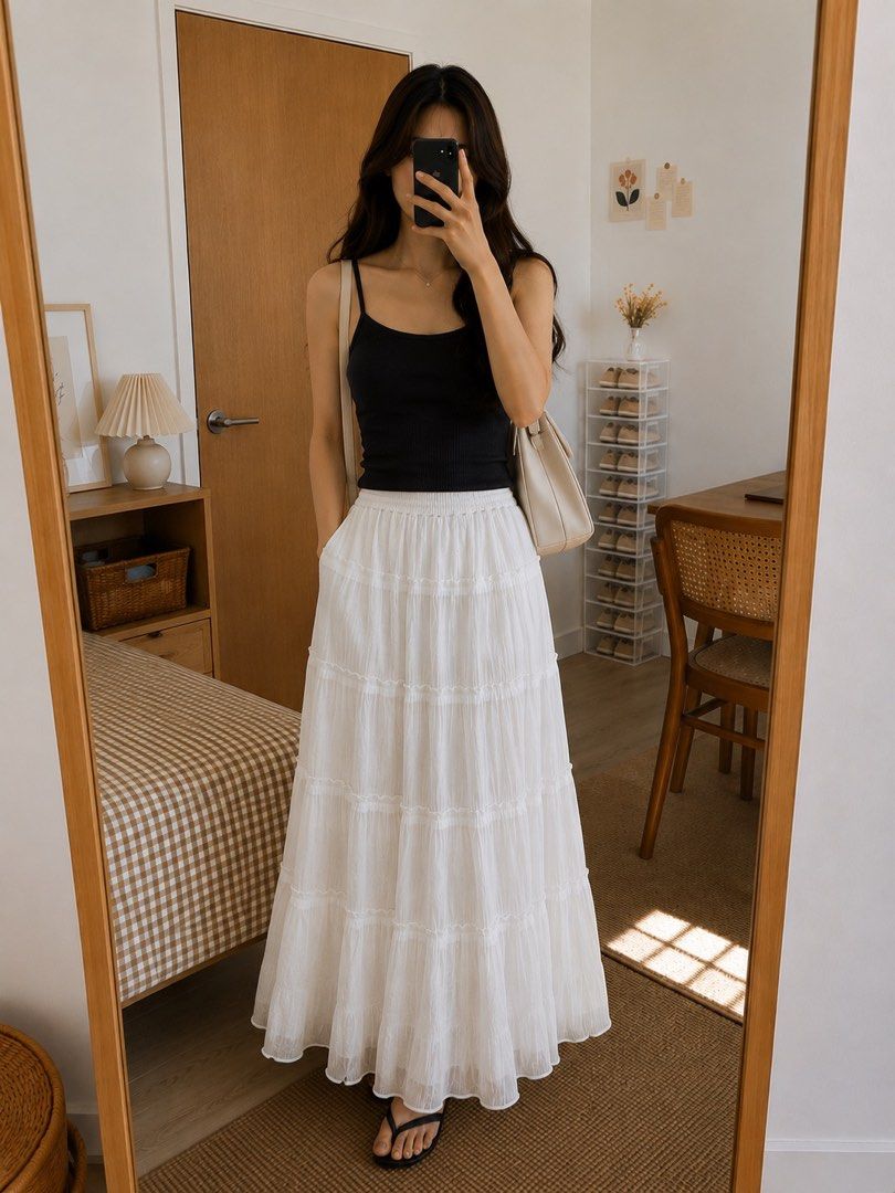 Sale White Tiered Skirt (Category: Skirts) located in Iloilo. Submitted by lovedbysachi (Listing ID 1444644645, Image 2). Description: Free size (garterized waist) Super duper pretty in person 🥹 with inner lining.