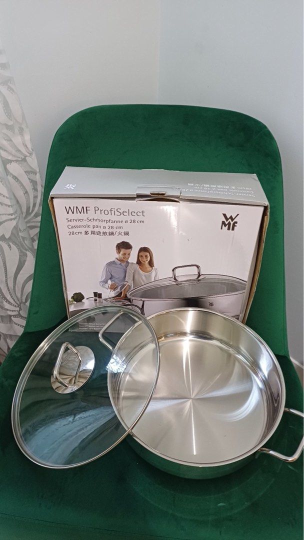 WMF ProfiSelect Casserole Pan 28cm with Glass Lid (Category: Cookware & Accessories) located in Paranaque City. Submitted by coffeetravels777 (Listing ID 1444586456, Image 2). Description: - WMF ProfiSelect Casserole Pan - Size: 28cm - Material: Stainless Steel - Includes Glass Lid - Perfect for Cooking & Serving - Original Box Included.