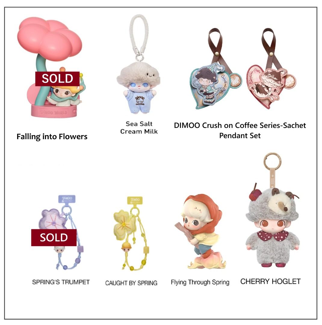 WTS | LFB | FOR SALE: DIMOO (Category: Designer & Blind Box Toys) located in Taguig. Submitted by vavinselections (Listing ID 1430435028, Image 1). Description: WTS | LFB | FOR SALE: DIMOO Moments in Bloom Series - Sensor-activated Nightlight ✅FALLING INTO FLOWERS Php1500 Decorative Phone Charm ✅Caught by Spring - Yellow 600(SRP) ✅Spring's Trumpet - Violet (sold) Sealed BOX ✅Flying Through Spring figure - 600(SRP) ✅DIMOO Crush on Coffee - Sea Sal