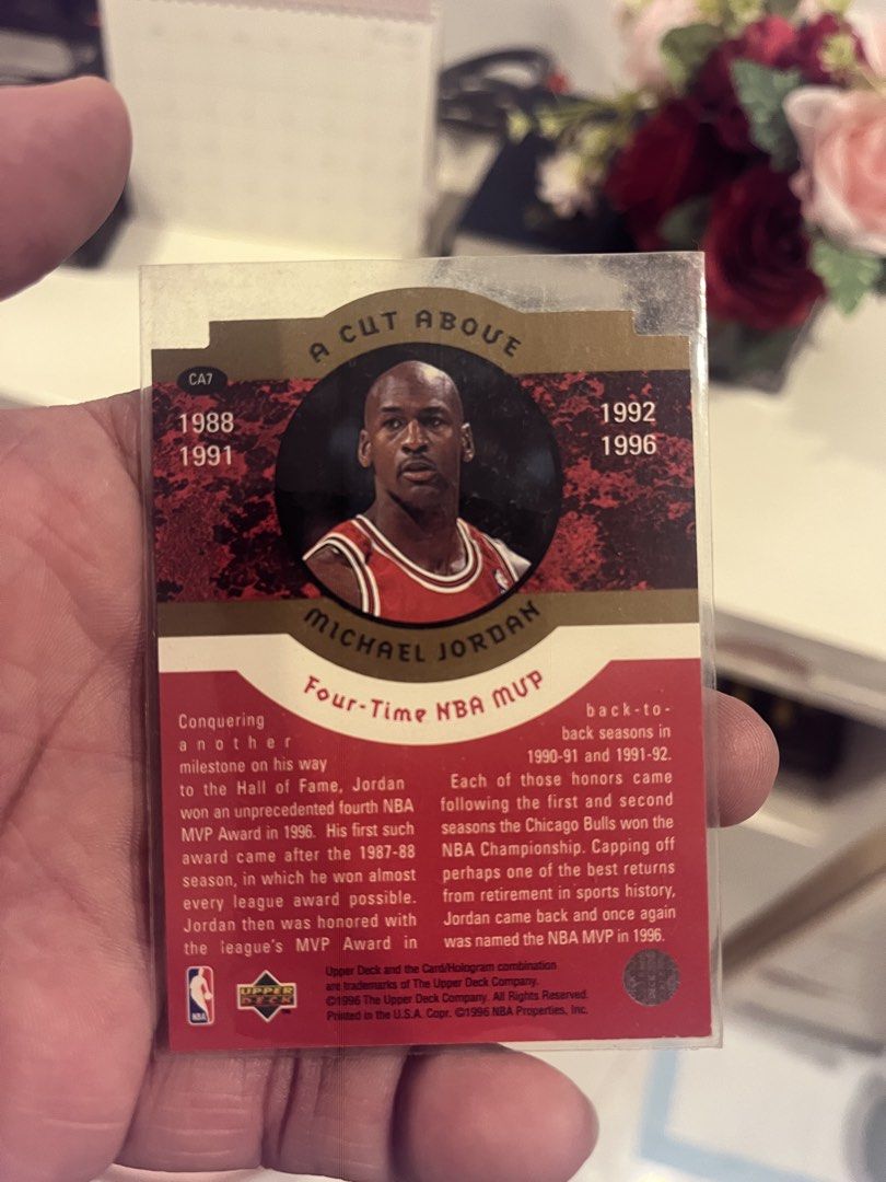 1996 Upper Deck Michael Jordan 'The Jordan Years' Card (Category: Vintage Collectibles) located in Antipolo. Submitted by ninofranco (Listing ID 1444806985, Image 2). Description: - 1996 Upper Deck 'The Jordan Years' Michael Jordan Card - Highlights 'Four-Time NBA Most Valuable Player' Achievement - From the Exclusive 'A Cut Above' Insert Set - A Must-Have Collectible for Basketball Fans - Card is Protected in a Sleeve.