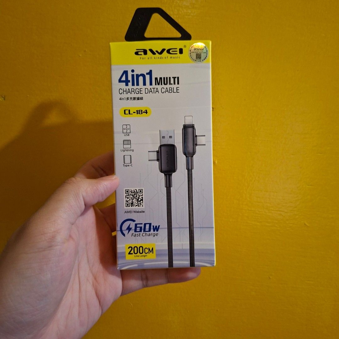 4 in 1 lightning cable usb type c type a awei samsung apple xiaomi (Category: Chargers & Cables) located in Pasig City. Submitted by thethinkers (Listing ID 1444726877, Image 3). Description: .