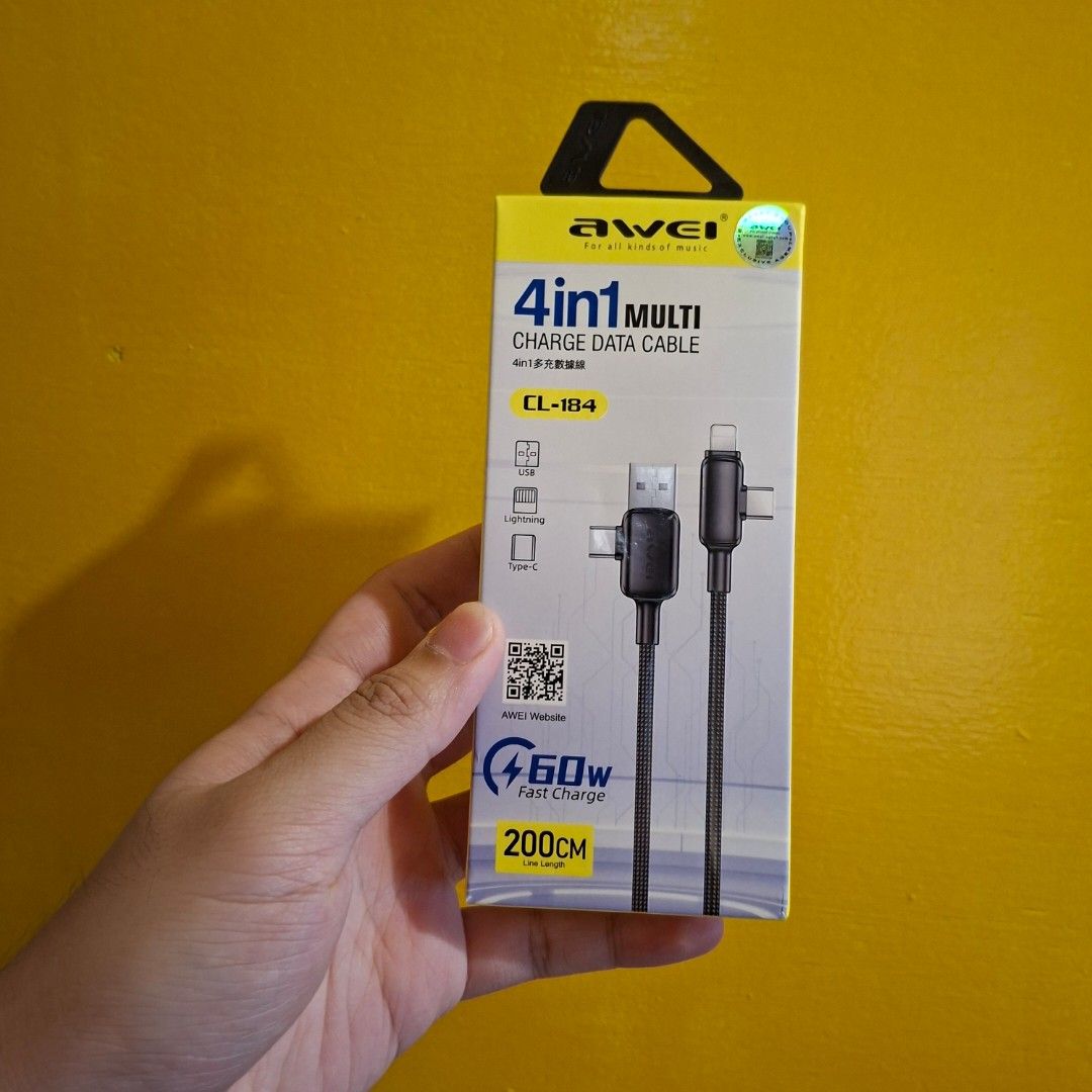 4 in 1 lightning cable usb type c type a awei samsung apple xiaomi (Category: Chargers & Cables) located in Pasig City. Submitted by thethinkers (Listing ID 1444726877, Image 2). Description: .