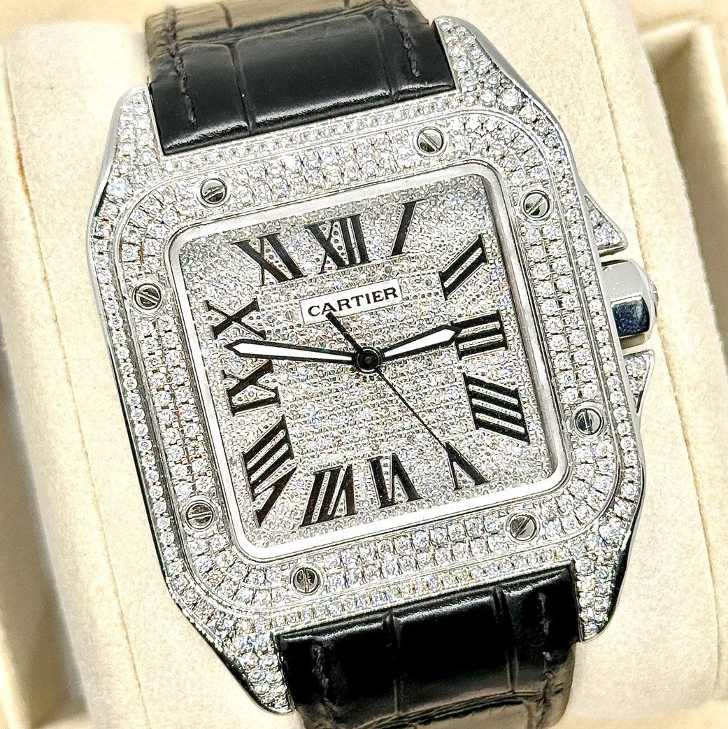 | ICED 🧊 | 2013 Cartier Santos 100 XL W20073X8 2656 Diamond Bezel and Buckle with Black Leather Strap [ W20106x8 W20090X8 ] (Category: Watches) located in Singapore. Submitted by horizonluxury (Listing ID 1444790332, Image 1). Description: Cartier Santos 100 XL White Dial * Custom Diamond Dial and Outer Bezel * Brand: Cartier Model:W20073X8 Dated: JUNE 2013 Condition: Like New Remarks : Fullset Box, Cert and Manuals - Excellent Condition 98% - A