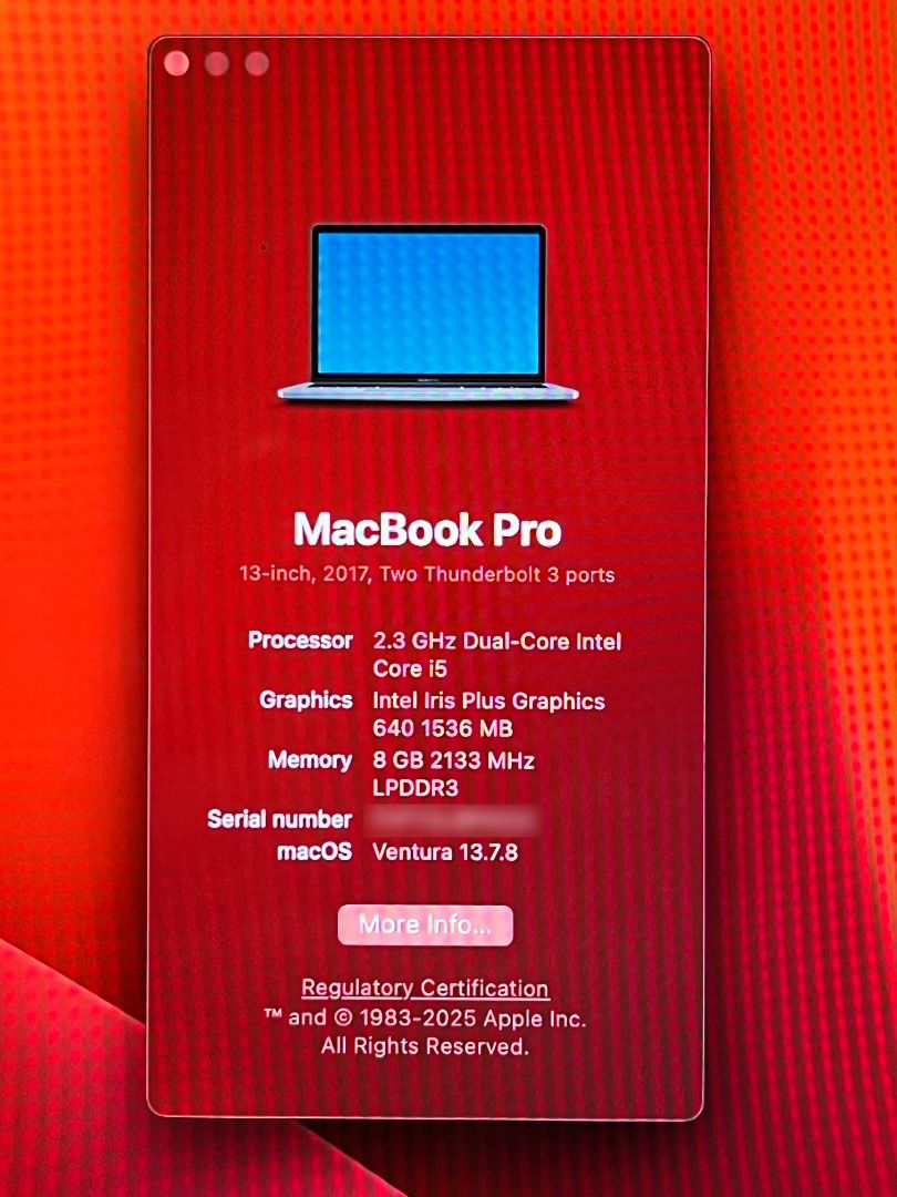 Apple MacBook Pro 13 inch 2017 8/128 A1708 (Category: Laptops & Notebooks) located in Taguig. Submitted by ismael.forres (Listing ID 1444708627, Image 3). Description: Best price Fixed price MacBookPro14,1 A1708 2.3GHz 8GB RAM 128GB Storage Ventura 13.7.8 13.3" 2560x1600 Retina BH Normal 343 cycles No dents No screen issue All keys working All ports working Minor scratches on lid and bottom cover Rubber near camera peeling No charger but will be 