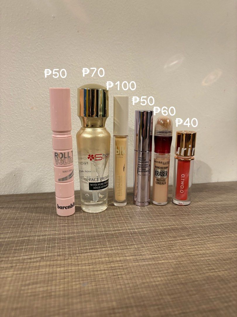Assorted Makeup - Primers, Concealers, Mascara, Lip Tint (Category: Makeup) located in Manila. Submitted by samasamm (Listing ID 1444817071, Image 1). Description: - Sold as a set (discounted) all items are NOT EXPIRED - Includes: - Shawill Face Primer (used 6 times, not for my face talaga) - BLK Cosmetics Concealer (used once) - Maybelline Instant Age Rewind Concealer (used. clean the applicator na lng) - O.TWO.O Lip Tint (used once) - Barenblis