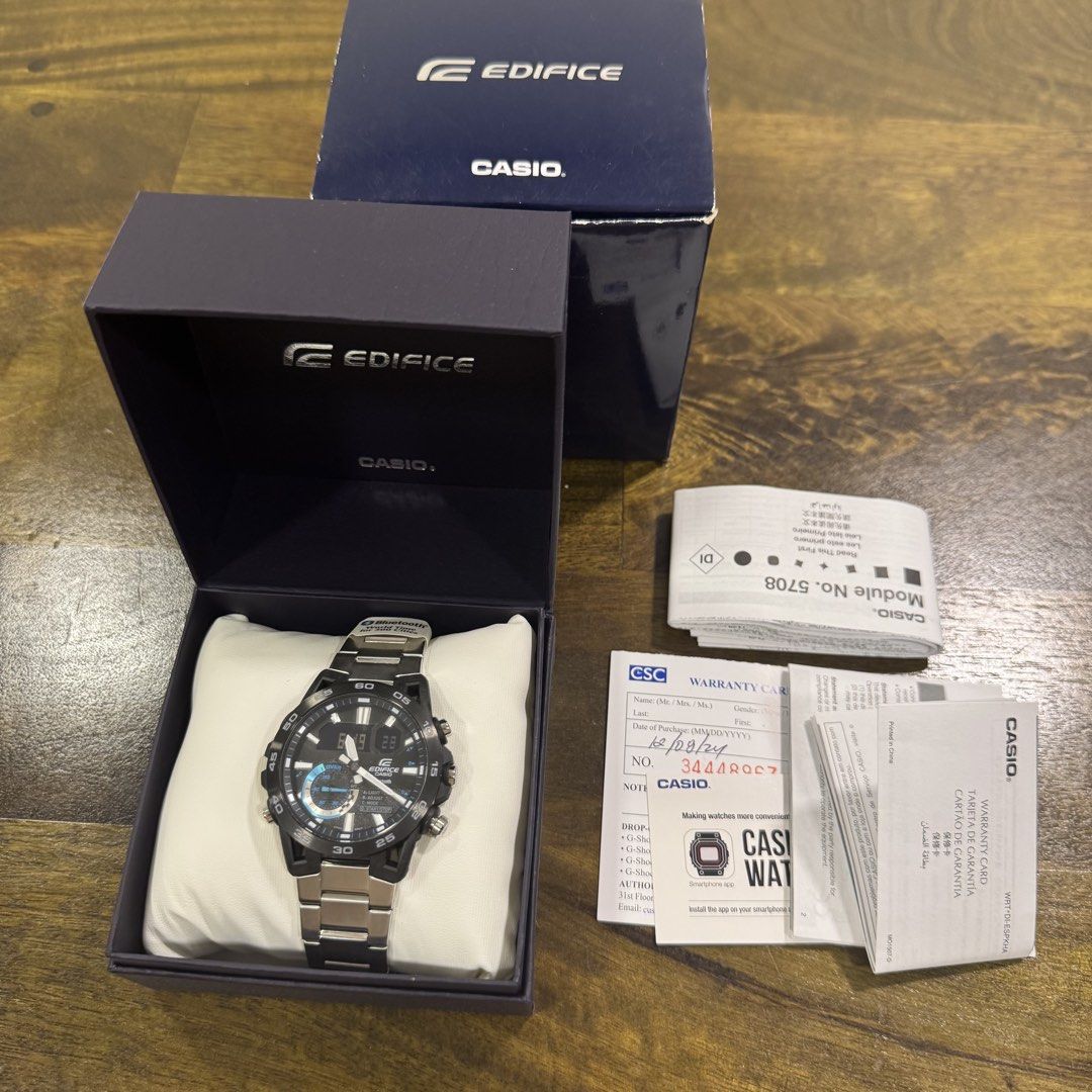 Brand New & Authentic Casio Edifice Bluetooth Watch ECB-40DB-1A For Men (Category: Men's Watches) located in Makati City. Submitted by excessthings.ph (Listing ID 1444823457, Image 2). Description: - Casio Edifice Watch with Bluetooth Connectivity - Original Box, Warranty Cards, and Manual Included - Stylish Black and Silver Metal Strap - Dual Digital and Analog Display - Ideal for Everyday Wear and Sports Activities Brand New & Authentic Casio E