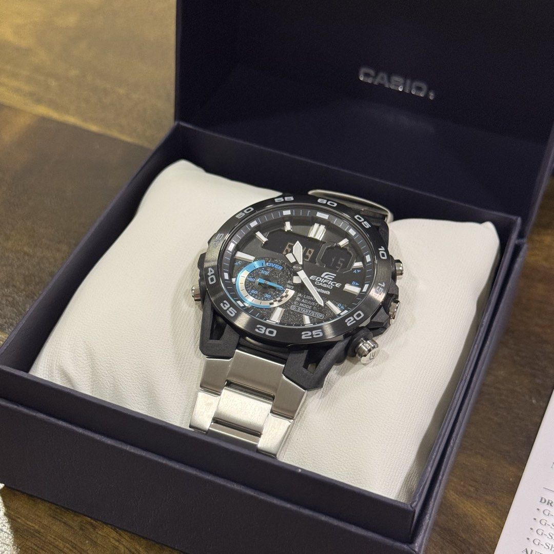 Brand New & Authentic Casio Edifice Bluetooth Watch ECB-40DB-1A For Men (Category: Men's Watches) located in Makati City. Submitted by excessthings.ph (Listing ID 1444823457, Image 3). Description: - Casio Edifice Watch with Bluetooth Connectivity - Original Box, Warranty Cards, and Manual Included - Stylish Black and Silver Metal Strap - Dual Digital and Analog Display - Ideal for Everyday Wear and Sports Activities Brand New & Authentic Casio E