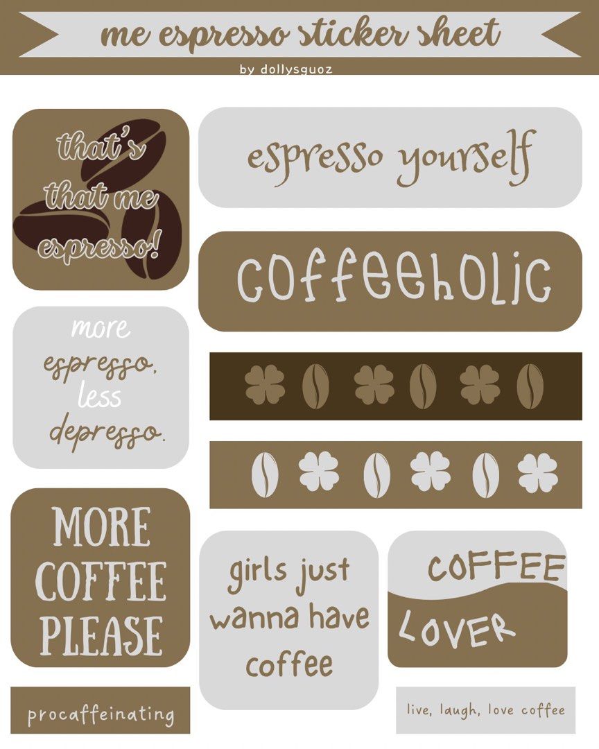 cafe collection sticker sheets (Category: Art & Prints) located in Carmona. Submitted by stuffnvrything (Listing ID 1444762494, Image 2). Description: - matcha / coffee / hojicha (can choose 1 or more) - clear backing - kisscut sticker - glittered finish - ₱75 ea.