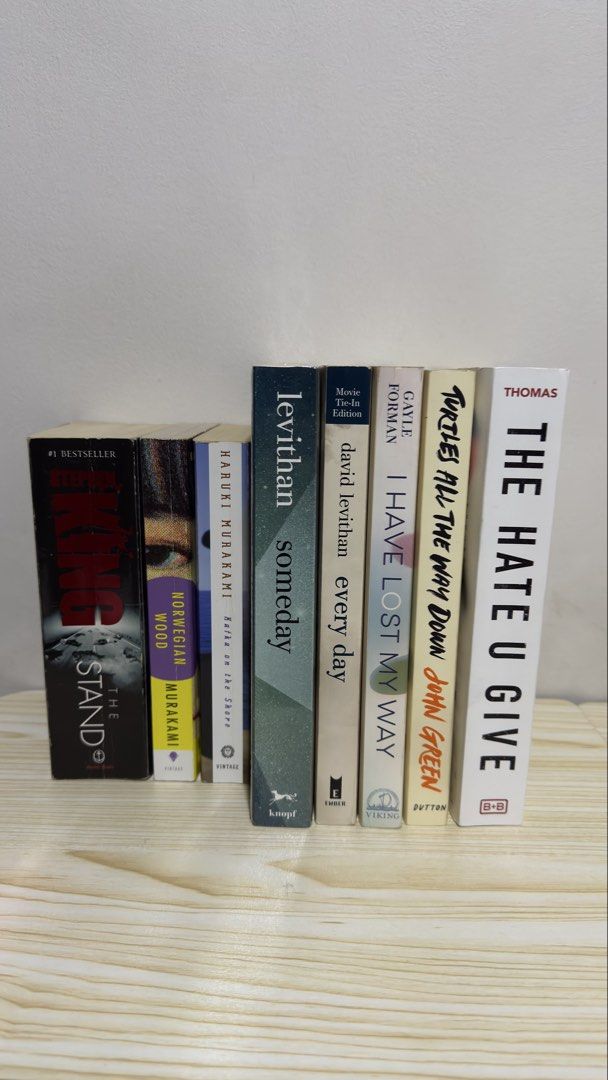 Collection of 4 Books (Category: Storybooks) located in Manila. Submitted by cecececce (Listing ID 1444703085, Image 1). Description: The Stand, Kafka on the Shore and Norwegian wood is SOLD. Not included in the price already - Bundle of 4 popular books - Includes: , David Levithan's Every Day, Gayle Forman's I Have Lost My Way, John Green's Turtles All The Way Down, Angie Thomas' The Hate U Give **Somday is SEALED ** The Hate U give is damaged(g