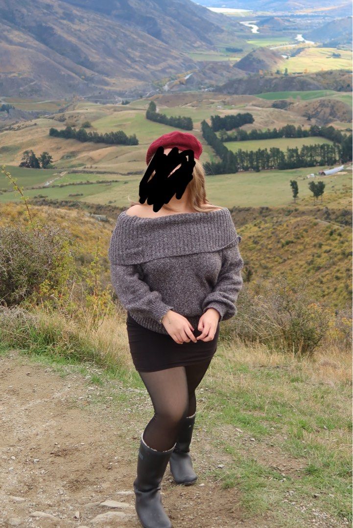 Dark Grey Off-Shoulder Knit Sweater (Category: Sets or Coordinates) located in Quezon City. Submitted by infinitaeee (Listing ID 1444804909, Image 2). Description: USED ONCE - Cozy dark grey knit sweater - Off-shoulder neckline - Ribbed texture.