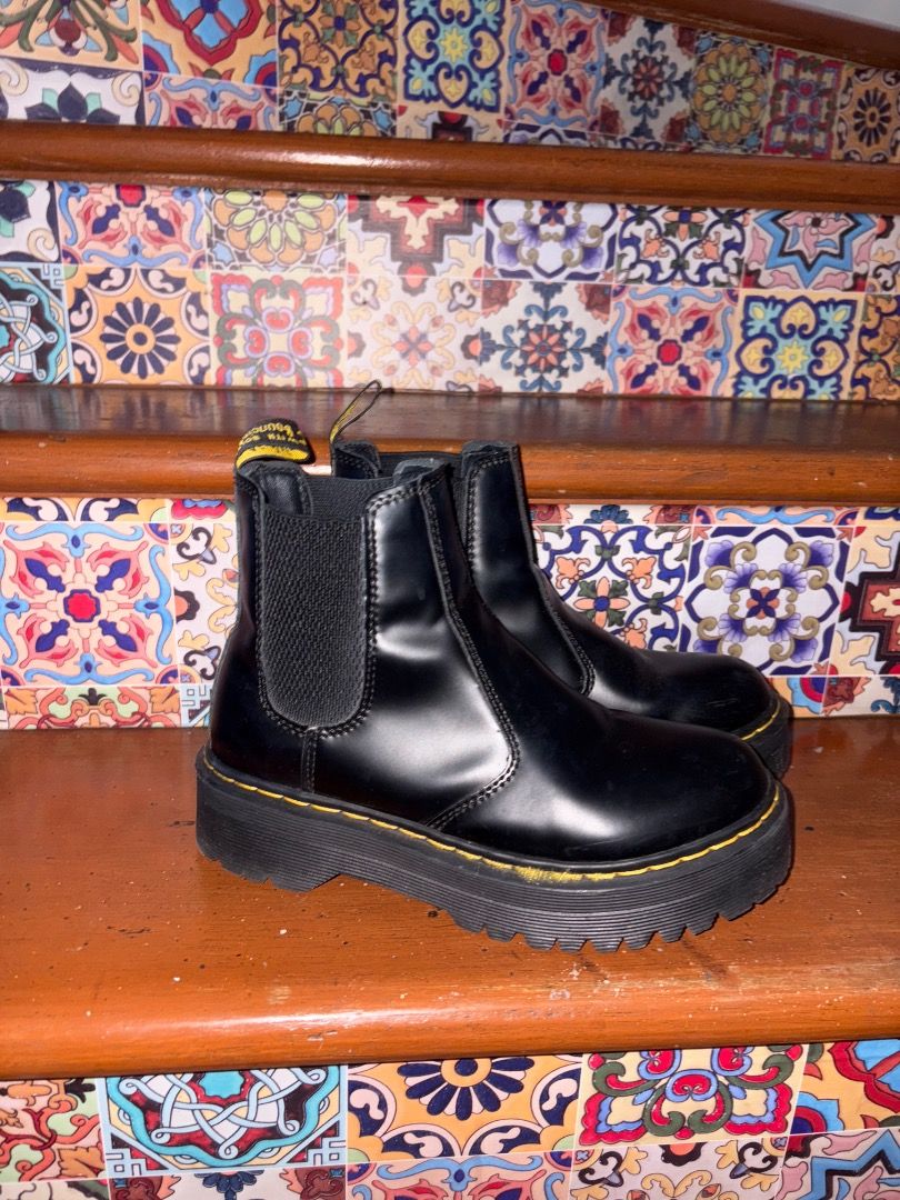 Dr. Martens Black Leather Platform Chelsea Boots (Category: Boots) located in Quezon City. Submitted by rarecat-4b96 (Listing ID 1444853361, Image 1). Description: - Authentic Dr. Martens Platform Chelsea boots in black leather - Features a trendy platform sole with signature yellow stitching - Elasticated side panels for easy on and off - Super comfortable and versatile for any outfit - Selling as they are no longer the right fit.