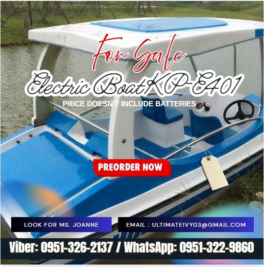 Electric Boat KP-E401 (Category: Everything Else Others) located in Caloocan City. Submitted by clevertiger-b8cb (Listing ID 1444731037, Image 1). Description: Material:Fiberglass+stainless steel Size:390*150*90cm Battery：12V,100~200Ah*2 Power :24V 500W Speed：8-12km/h Seater：4 person Working time：6-8h Charging time: 8 hours Weight: 200KG Automatic drain function Price doesn't include batteries 📝: Price subject may change without prior notice. 📝