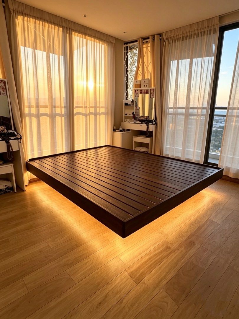 Floating Platform Bed Frame with LED Lights (Category: Bed Frames & Mattresses) located in Manila. Submitted by shuri_19 (Listing ID 1444823425, Image 3). Description: - Modern dark wood platform bed frame - Creates a floating effect with built-in LED lighting underneath - Slat design provides excellent mattress support - Minimalist and contemporary style, perfect for any bedroom.
