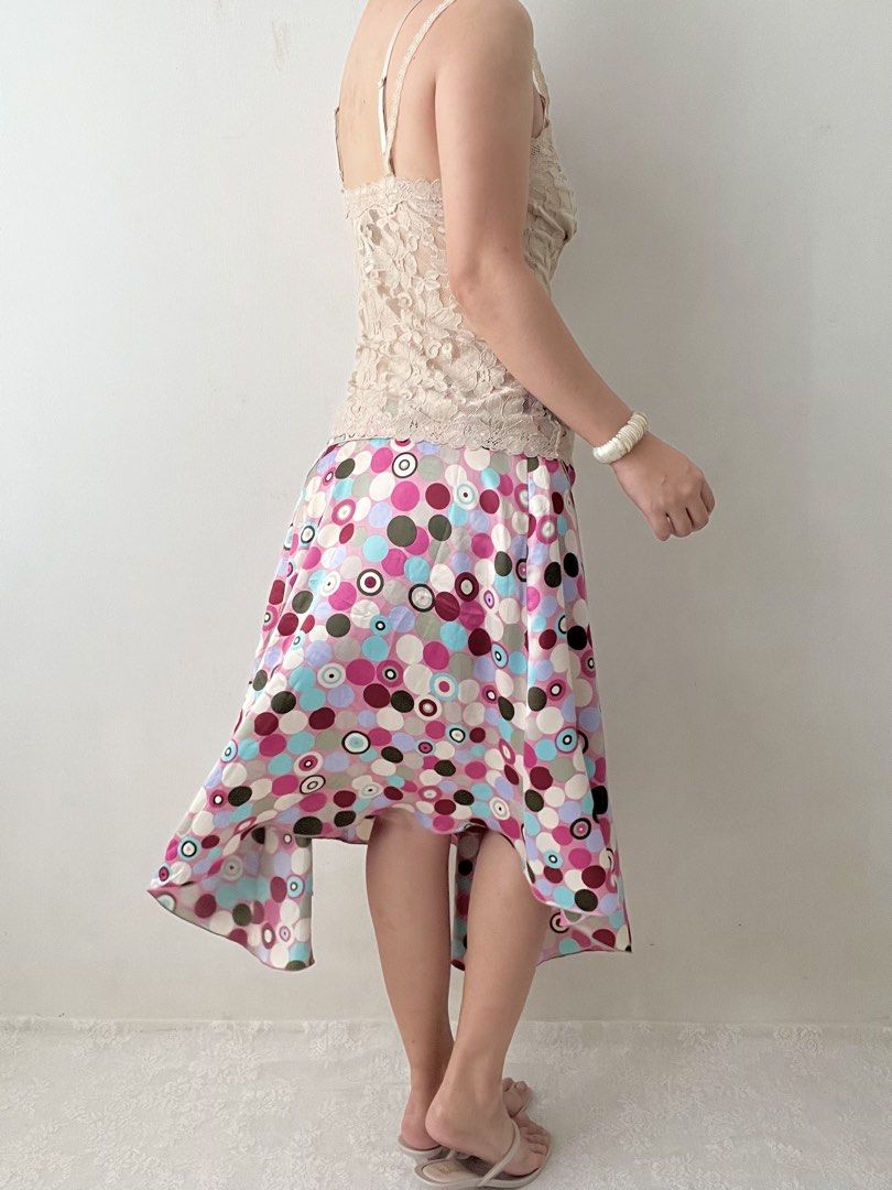 Funky polka multicolor asymmetrical satin skirt (Category: Skirts) located in Dagupan City. Submitted by rarus (Listing ID 1444857518, Image 3). Description: Funky polka multicolor asymmetrical satin skirt • Light & soft satin material • Zipper as closure • No lining Waist 29-30” Hips up to 42” Length 27”.