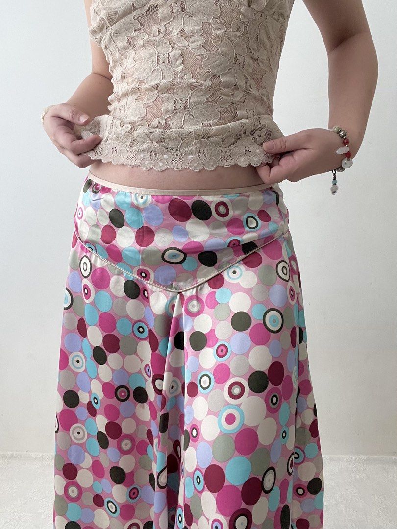 Funky polka multicolor asymmetrical satin skirt (Category: Skirts) located in Dagupan City. Submitted by rarus (Listing ID 1444857518, Image 2). Description: Funky polka multicolor asymmetrical satin skirt • Light & soft satin material • Zipper as closure • No lining Waist 29-30” Hips up to 42” Length 27”.