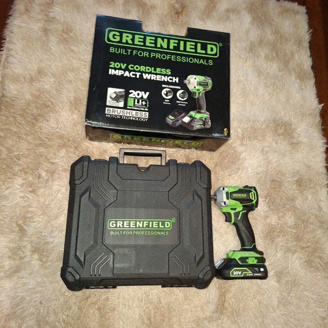 Greenfield 20V Cordless Impact Wrench with Case (Category: Construction Tools & Equipment) located in Pasig City. Submitted by mr.bargaindeal (Listing ID 1444729424, Image 1). Description: - Greenfield 20V Cordless Impact Wrench - Powerful Brushless Motor Technology - Comes with a Durable Carrying Case - Built for Professional Use - Ideal for Both DIY and Professional Projects - Ready for Immediate Use.