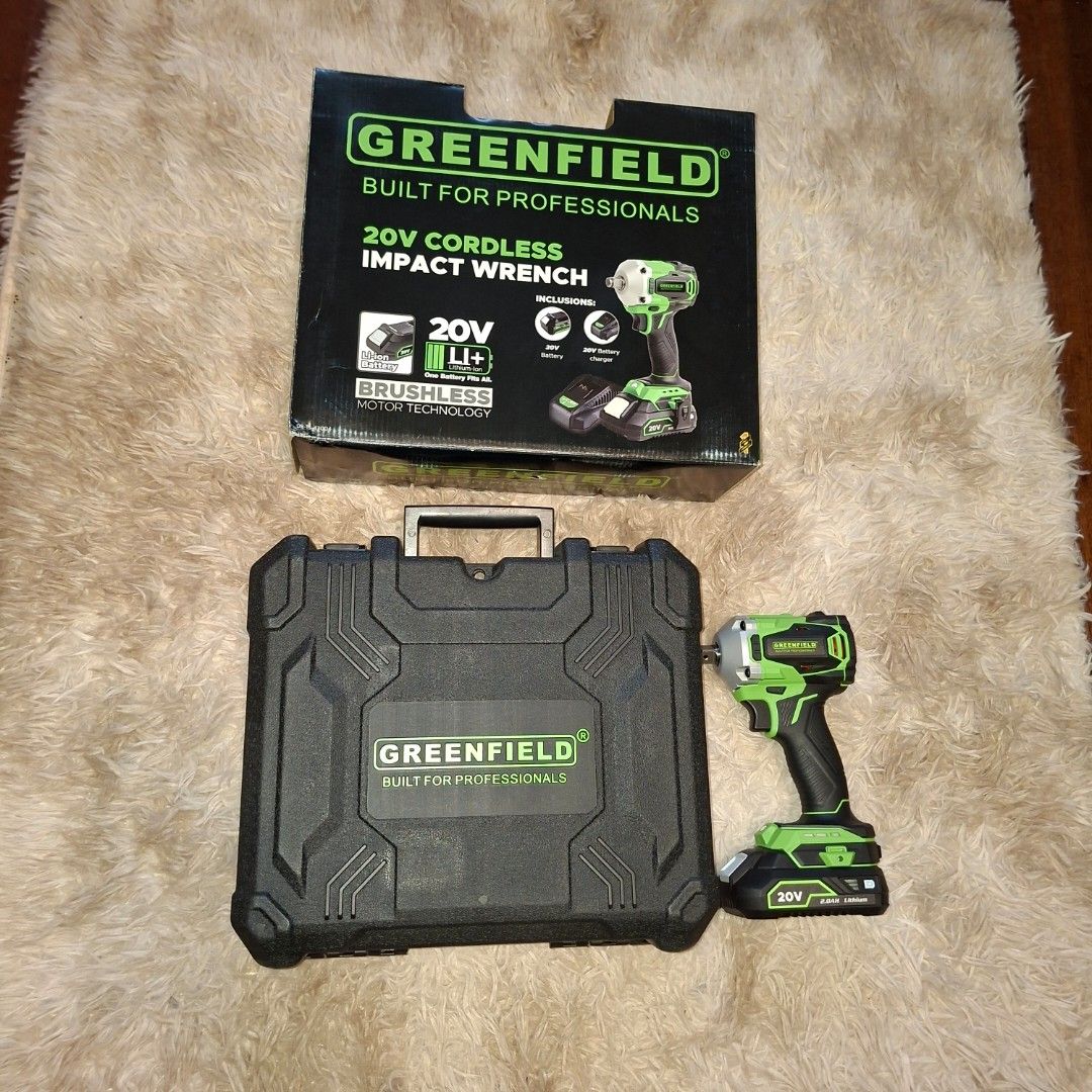 Greenfield 20V Cordless Impact Wrench with Case (Category: Construction Tools & Equipment) located in Pasig City. Submitted by mr.bargaindeal (Listing ID 1444729424, Image 2). Description: - Greenfield 20V Cordless Impact Wrench - Powerful Brushless Motor Technology - Comes with a Durable Carrying Case - Built for Professional Use - Ideal for Both DIY and Professional Projects - Ready for Immediate Use.