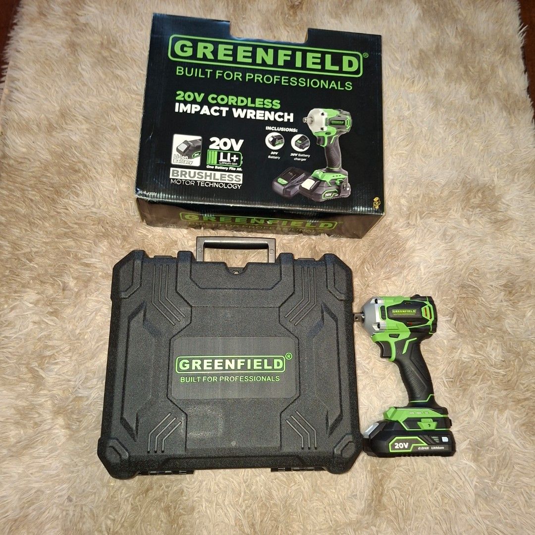 Greenfield 20V Cordless Impact Wrench with Case (Category: Construction Tools & Equipment) located in Pasig City. Submitted by mr.bargaindeal (Listing ID 1444729424, Image 3). Description: - Greenfield 20V Cordless Impact Wrench - Powerful Brushless Motor Technology - Comes with a Durable Carrying Case - Built for Professional Use - Ideal for Both DIY and Professional Projects - Ready for Immediate Use.