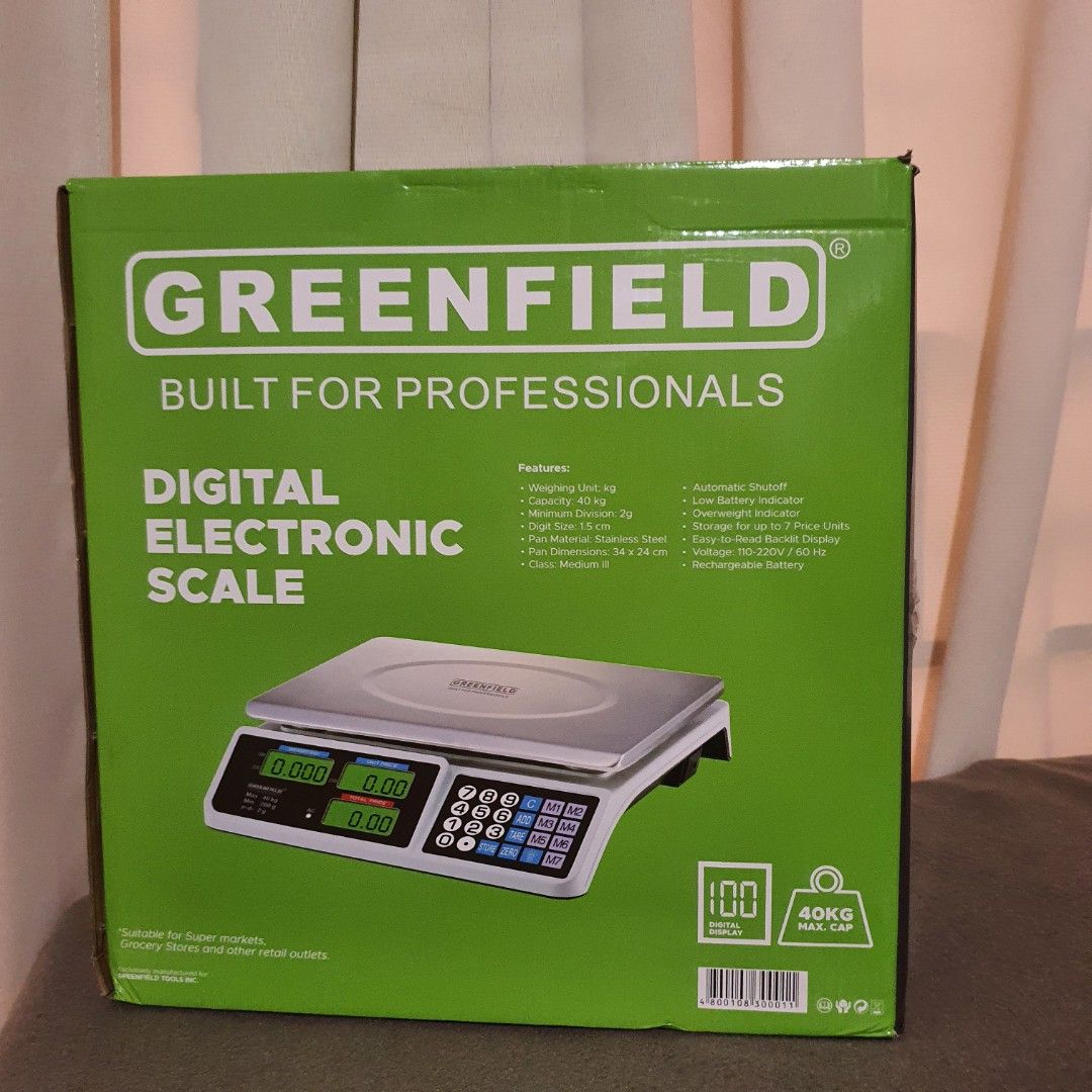 Greenfield Digital Electronic Scale 40KG Max Capacity (Category: Health Monitors & Weighing Scales) located in Pasig City. Submitted by mr.bargaindeal (Listing ID 1444729546, Image 2). Description: - Greenfield Digital Electronic Scale - Built for professional use - Maximum weighing capacity: 40KG - Durable stainless steel platform - Built-in rechargeable battery - Ensures accurate weighing - User-friendly keypad and clear display.