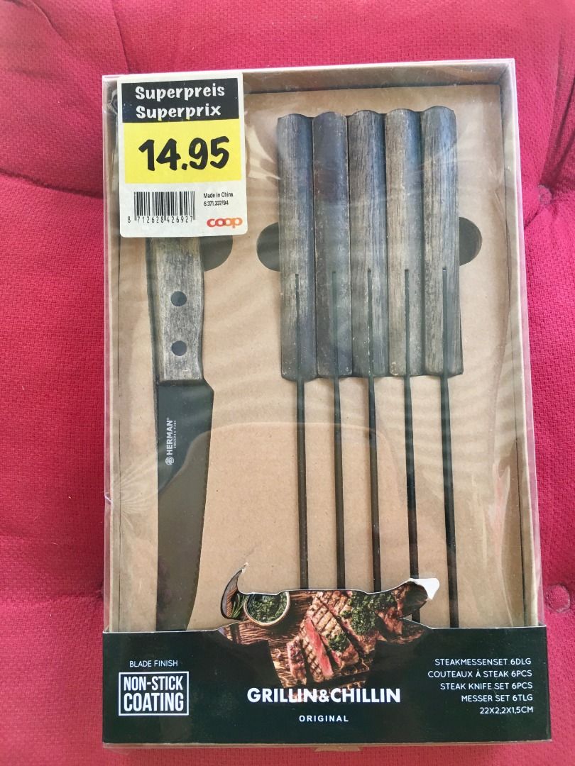 HERMAN Grillin & Chillin STEAK KNIFE Set-6 pcs. (Category: Knives & Chopping Boards) located in Calamba. Submitted by marjoh29436 (Listing ID 1444828826, Image 1). Description: - Set includes 6 steak knives - Knives feature non-stick coating and serrated blades for easy cutting. - Rustic wood-look handles add a stylish touch. - Ideal for BBQs, grilling, and outdoor cooking. - UNUSED, Comes in original packaging with tag (14.95 CHF), bought in Swi