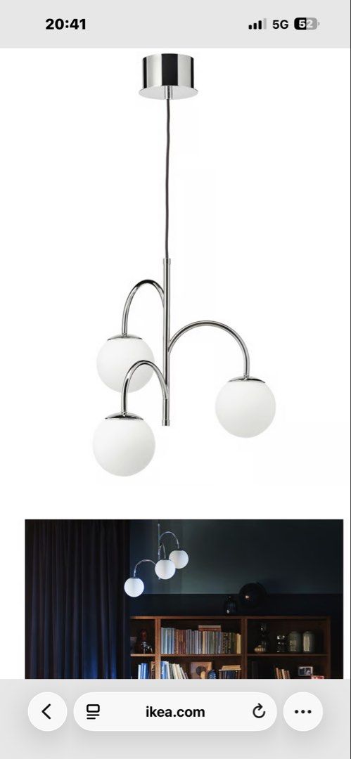 IKEA SIMRISHAMN (Category: Lighting) located in Kuala Lumpur. Submitted by lowmun (Listing ID 1444796979, Image 1). Description: SIMRISHAMN Pendant lamp, 3-armed, chrome-plated/opal white glass, 55 cm.