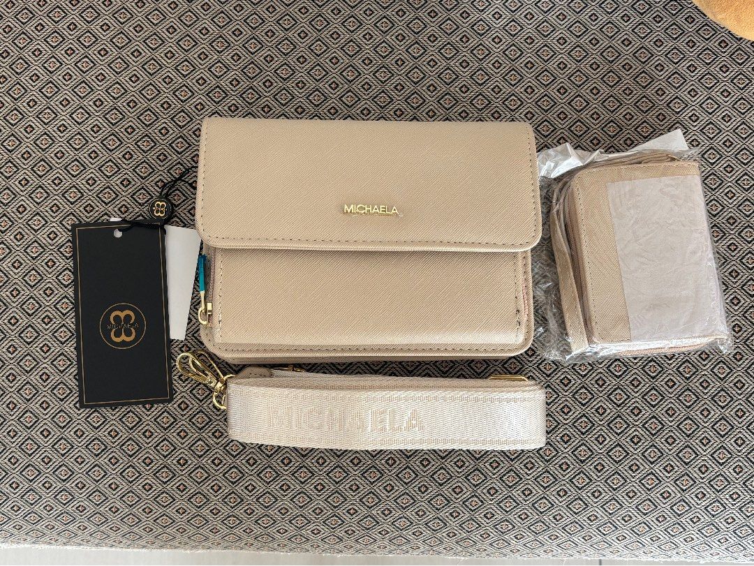 Michaela Sling Bag in Beige (Category: Cross-body Bags) located in Caloocan City. Submitted by lovedby_chi8 (Listing ID 1444685858, Image 1). Description: Includes a wallet!.