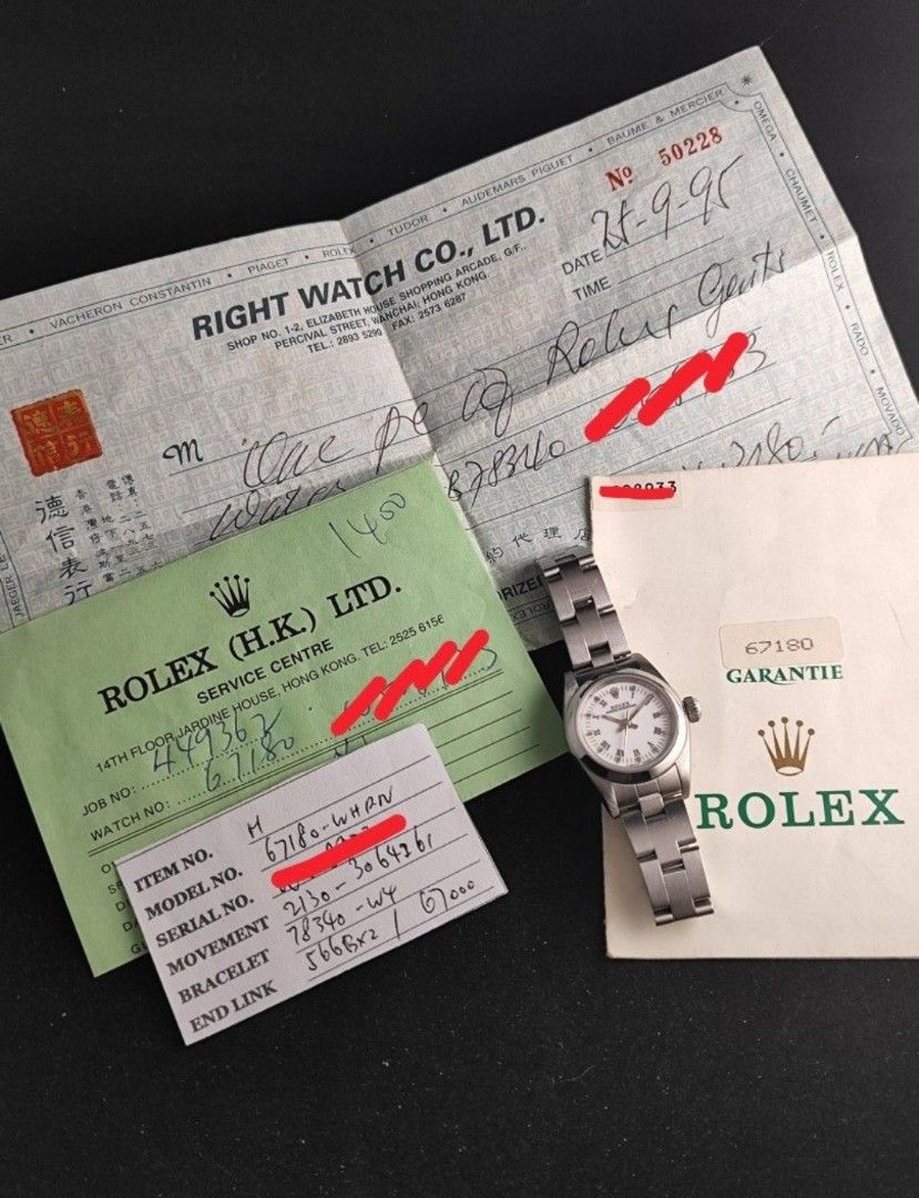 Original Rolex Oyster Perpetual 25mm (Category: Luxury Watches) located in San Juan City. Submitted by exclusivelyours (Listing ID 1444816579, Image 2). Description: Rolex Oyster Perpetual 25mm Roman white dial Ref 67180 W serial, 1995 9/10 condition Inclusions: watch, original bracelet fit to approx 6.8" wrist size, official receipt dated 1995, Rolex service center receipt, Rolex guarantee certificate and watch pouch *photo reference on 6.5" wri