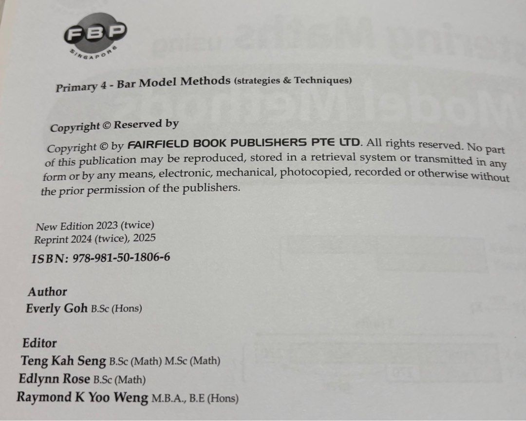 Primary 4 - Mastering Maths using Bar Model Methods (Category: Assessment Books) located in Singapore. Submitted by missjune (Listing ID 1444827757, Image 3). Description: Last reprinted 2025 RP: $10.90.