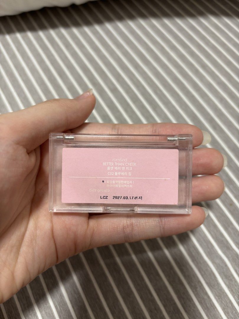 rom&nd Better Than Cheek Blush C02 Cherry Blossom (Category: Makeup) located in Taguig. Submitted by maikesih (Listing ID 1444832149, Image 2). Description: - Brand: rom&nd - Used only a few times - retails 400 pesos - bought in korea in 2024 - Shade: C02 Cherry Blossom (Lovely Pink) - Effect: Natural flush - Packaging: Clear with brand name - Expiry Date: 2027.03.17.