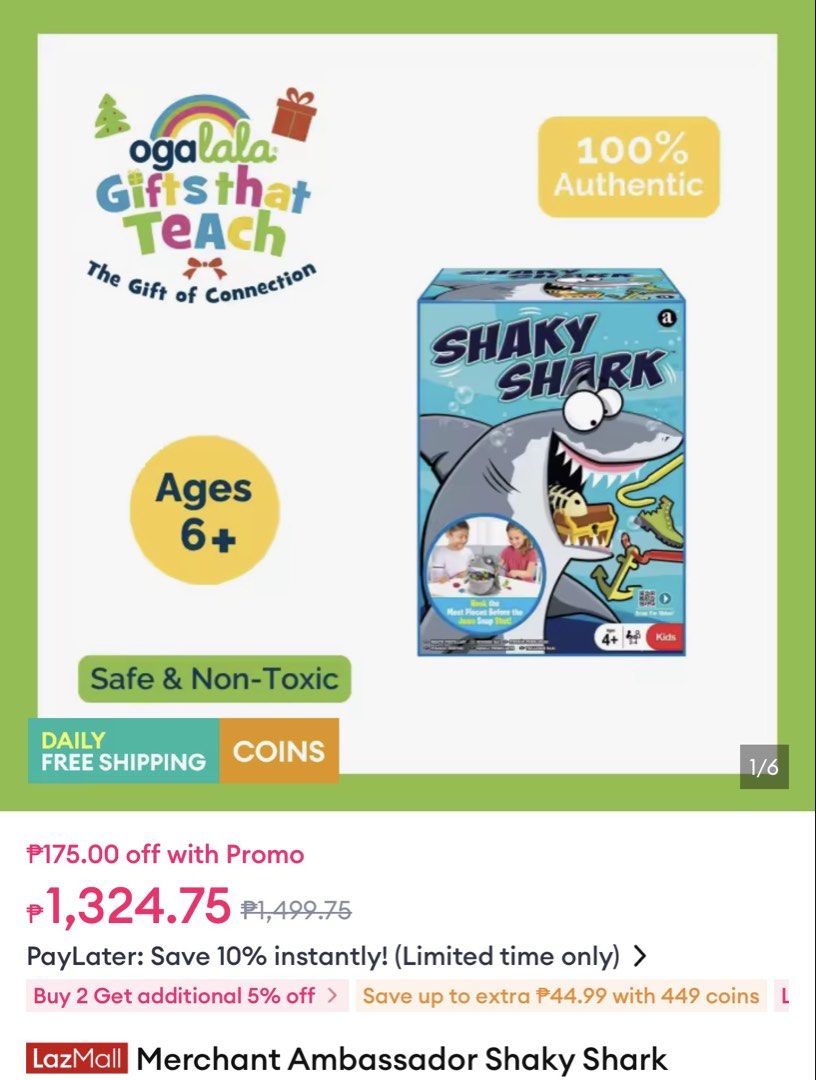 Shaky Shark Kids Board Game (Category: Board Games & Puzzles) located in Manila. Submitted by opiumbycece (Listing ID 1444815197, Image 2). Description: Used once Complete with box, but box is slightly dented due to storage RFS: major decluttering .