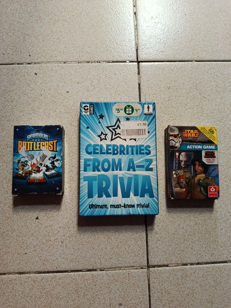 Skylanders, Celebrities Trivia, Star Wars Action Game (Category: Board Games & Puzzles) located in Manila. Submitted by ramarket (Listing ID 1444710691, Image 1). Description: Skylanders, Celebrities Trivia, Star Wars Action Game Set! Price: 150 Set 👌 - Skylanders Battlecast Card Game - Celebrities from A-Z Trivia Card Game - Star Wars Action Game - Ideal for fun game nights or adding to your collection. - Bundle deal available for all three gam