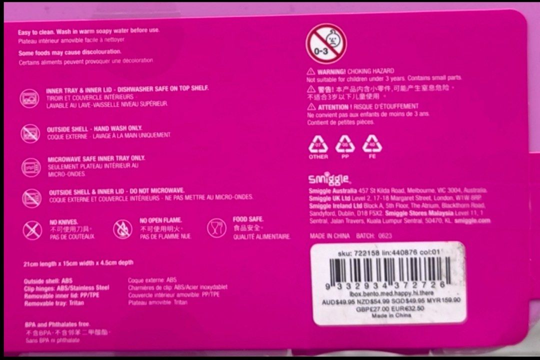 Smiggle pink bento lunch box (Category: Babies & Kids Fashion) located in Singapore. Submitted by newleaf24 (Listing ID 1444807759, Image 3). Description: Condition: brand new with tag Original price: $49.95 $3.20 apply for tracked postage .