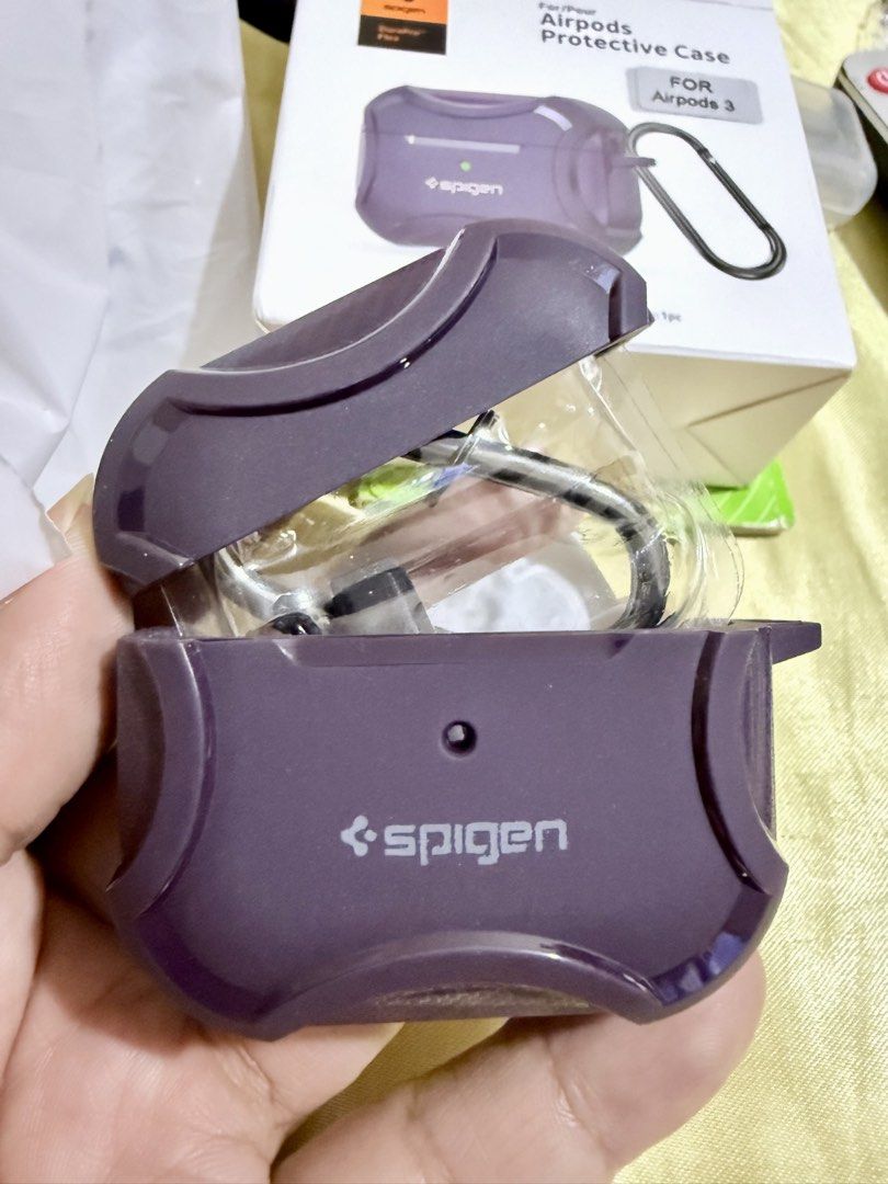 Spigen Airpods 3 Protective Case with Carabiner (Category: Earphones) located in Cavite. Submitted by lady_speculator_ph (Listing ID 1444838907, Image 3). Description: - Spigen DuraPro Flex Protective Case for Airpods 3 - Color: Deep Purple - Includes carabiner for easy attachment - Comes with adhesive strips for secure fit - Brand new from US in original box.