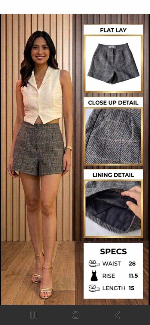Tweed Plaid High-Waisted Shorts (Category: Shorts) located in Caloocan City. Submitted by itsgellyd (Listing ID 1444766189, Image 1). Description: - Grey tweed shorts with a stylish plaid pattern. - Flattering high-waisted fit. - Secure button and zip closure. - Fully lined for ultimate comfort. - Perfect for dressing up or down. - Waist measurement: 28 inches..