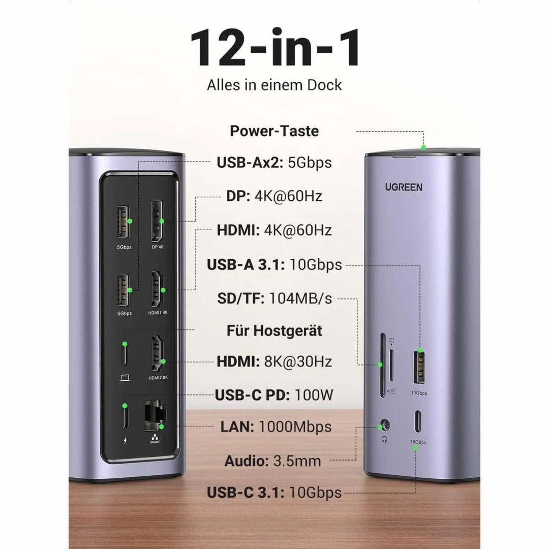 UGreen USB-C Multifunction Docking Station Pro (Gray) (CM555/90325) (Category: Cables & Adaptors) located in Makati City. Submitted by jc.cuerdo (Listing ID 1444841126, Image 2). Description: UGreen USB-C Multifunction Docking Station Pro (Gray) (CM555/90325) Triple Display Extended: With the DisplayLink technology, UGREEN USB C Docking Station support extends 3 monitors for Windows and macOS systems. It supports both extended mode and mirror mod