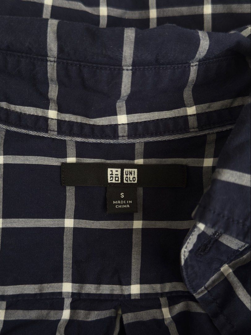 Uniqlo Navy White Plaid Button Down Shirt Size S (Category: Shirts) located in Los Banos. Submitted by jellybeeeans (Listing ID 1444737002, Image 2). Description: fits up to large body frame this is from men’s section so expect a bit oversized in person despite size small on tag! worn just once :).