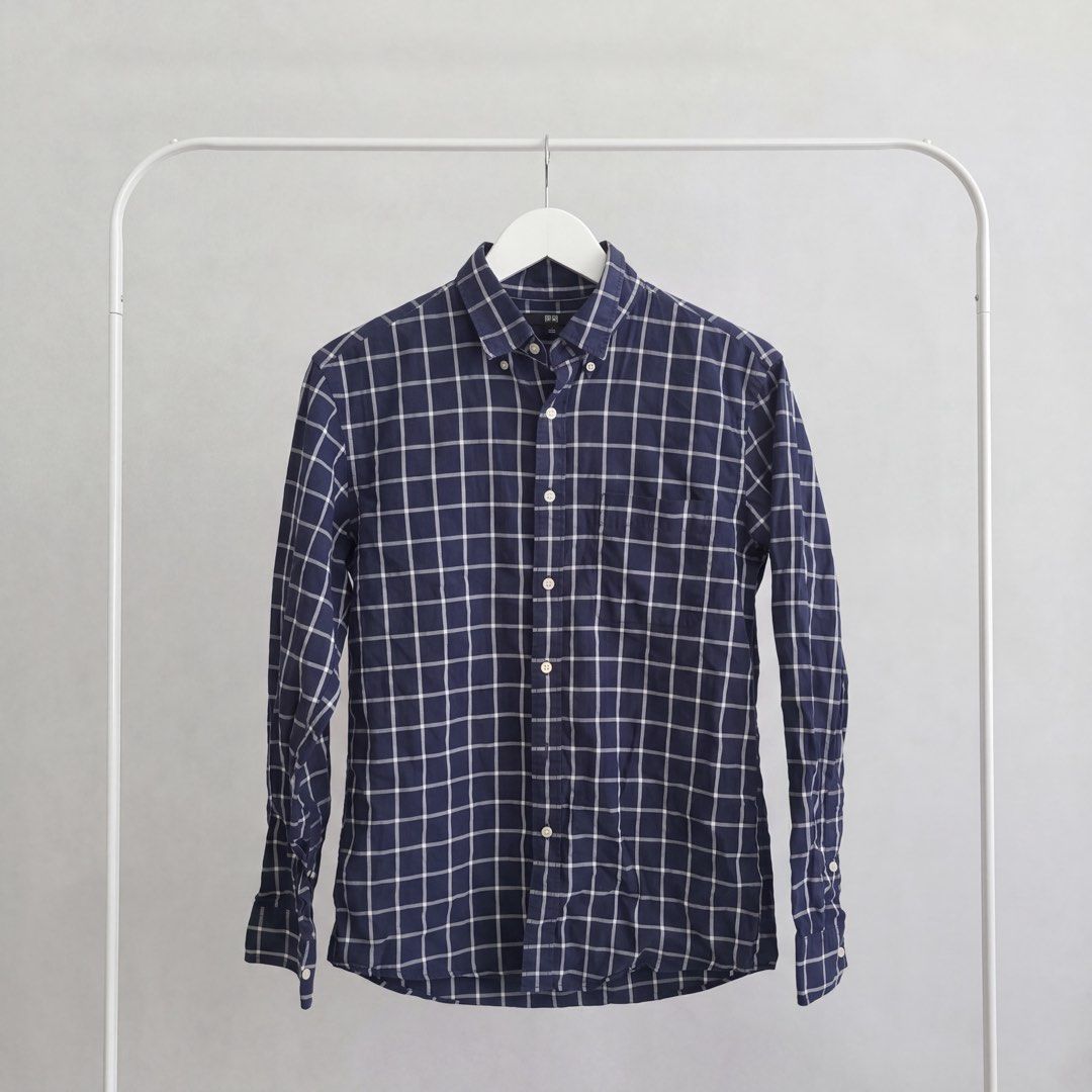 Uniqlo Navy White Plaid Button Down Shirt Size S (Category: Shirts) located in Los Banos. Submitted by jellybeeeans (Listing ID 1444737002, Image 3). Description: fits up to large body frame this is from men’s section so expect a bit oversized in person despite size small on tag! worn just once :).