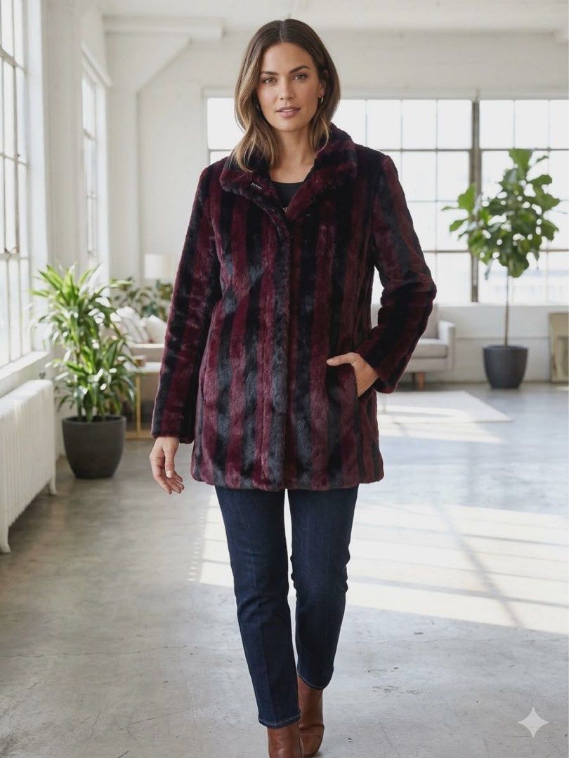 VOCALISE Faux Fur Coat (Category: Coats, Jackets and Outerwear) located in Baguio. Submitted by chebaguio06 (Listing ID 1444773645, Image 1). Description: Vocalise Faux Fur Coat . Size: Medium . Measurement: W19” x L28” . Color: Burgundy/ Maroon Ombre . Material: Ultra soft plush Faux fur . Features: Classic collar, hidden snap closure, smooth inner lining In very good condition From Korean Box Newly Open.