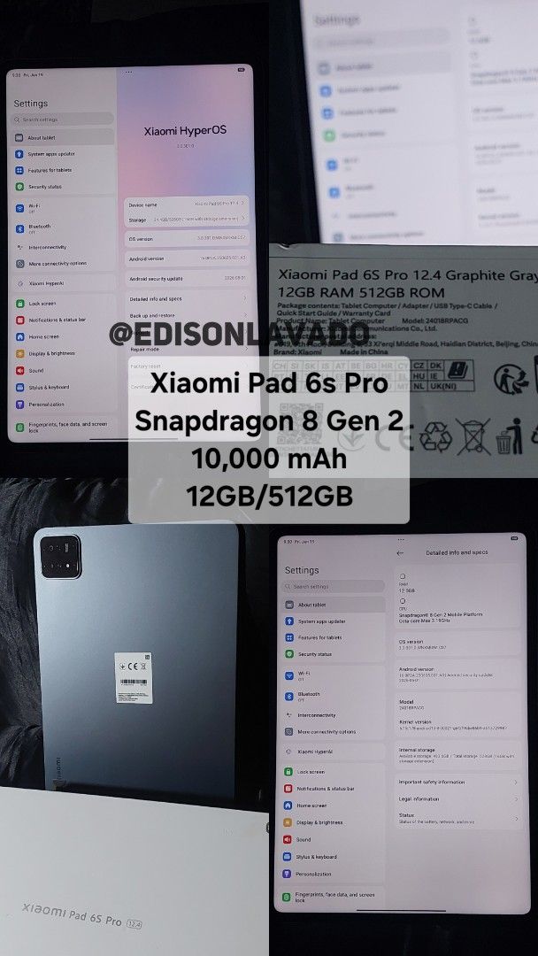 Xiaomi Pad 6s Pro 512GB With Box (Category: Android) located in Quezon City. Submitted by ibargaintolive (Listing ID 1444854181, Image 1). Description: Xiaomi Pad 6s Pro (12GB RAM/512GB Storage) 💰 Price: Php 19,000 For Sale: Xiaomi Pad 6s Pro in good working condition. Great for streaming, gaming, online classes, note-taking, drawing, and productivity. ✨️Specs: ℹ️12.4-inch 144Hz Display ℹ️Snapdragon 8 Gen 2 Processor ℹ️12GB RAM/512GB Storage ℹ️Q