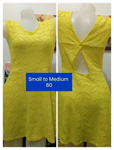 Yellow Lace Dress with Open Back - Small to Medium (Category: Dresses) located in Muntinlupa City. Submitted by marim45981 (Listing ID 1444733162, Image 1). Description: - Adorable yellow lace dress - Sleeveless with a flattering V-neckline - Chic open back design with a stylish twist detail - Fits Small to Medium sizes - Versatile for casual outings or parties - Features an intricate and pretty lace pattern - Comfortable and easy to wear.