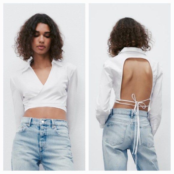 Zara White Open Back Tie Up Cropped Shirt (Category: Shirts) located in Santa Rosa. Submitted by 07mkl (Listing ID 1444684513, Image 1). Description: • Size: S-M • Condition: 9/10 • Flaws: none • Color: white ₱150✨.