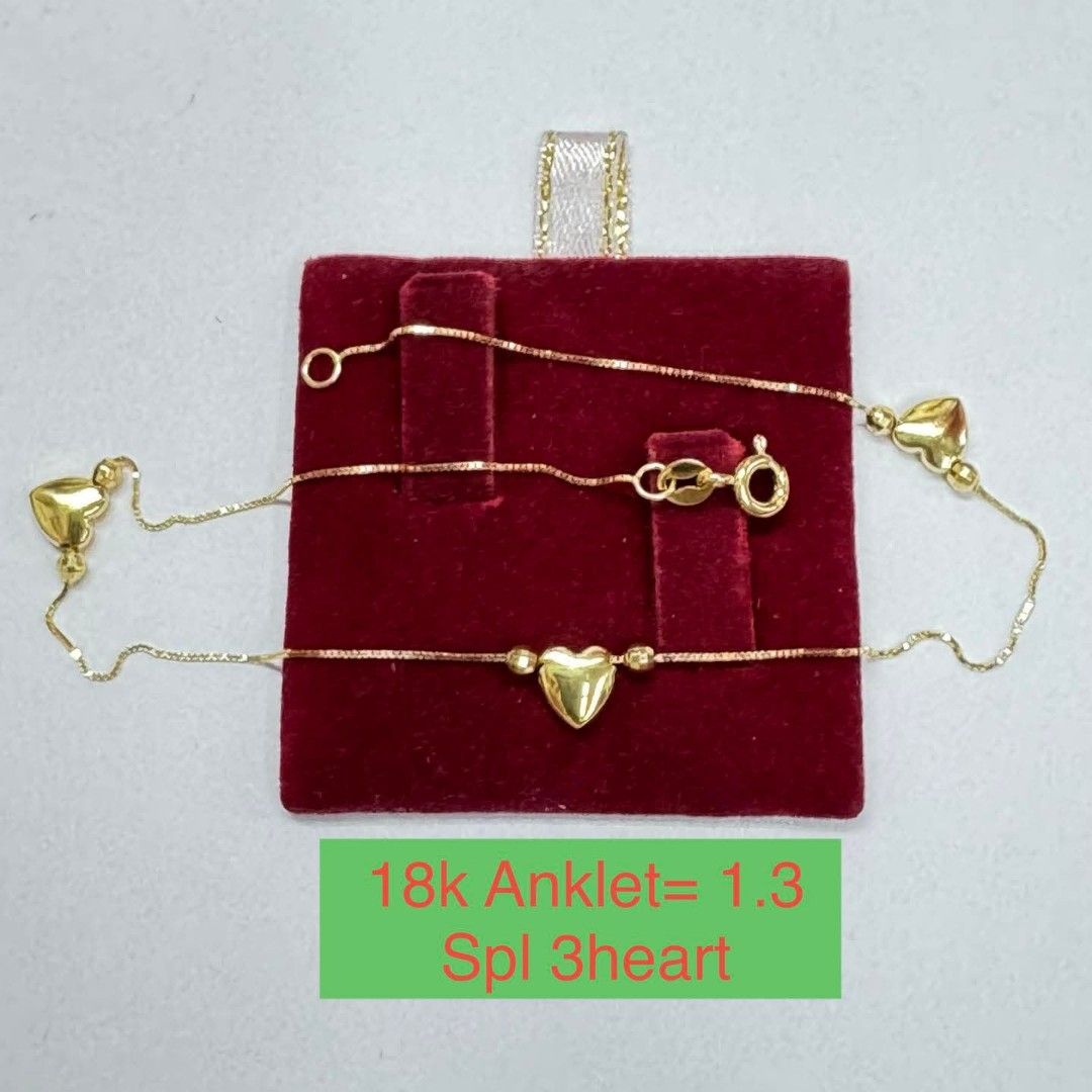 18k Saudi Gold heart anklet (Category: Anklets) located in Manila. Submitted by bhelgoldseller2ndaccount (Listing ID 1441480974, Image 1). Description: New!!✨New!!✨New!! Authentic 18k Saudi Golds 💯pawnable/naisasanla 💯with high appraisal rate 💯good investment 💯Direct supplier price 👉OPEN for resellers 🌺please take time to evaluate their actual sizes and grams 👉Best panggift for all occasions ✅ Sold per grams not per piece Kya lowest price 
