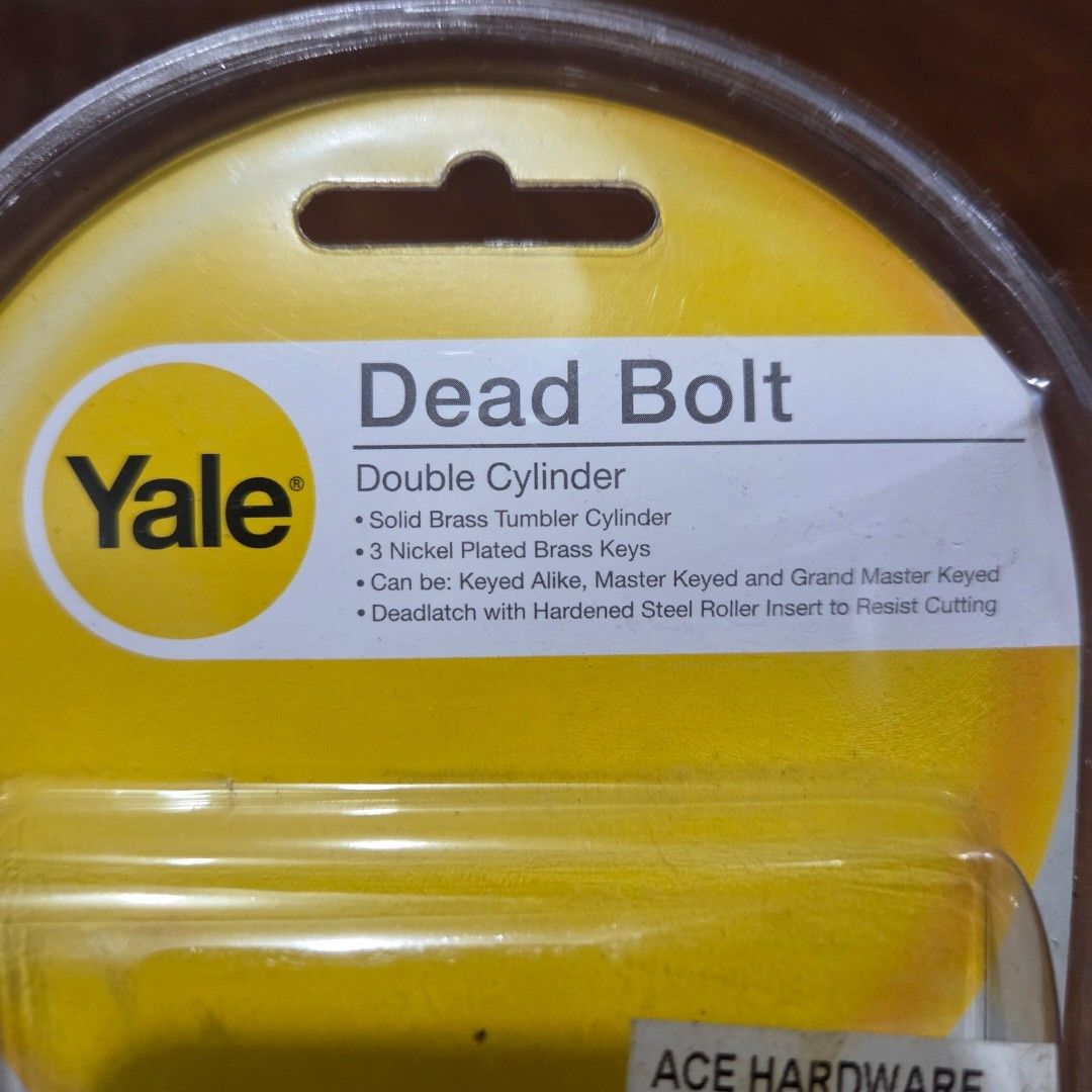 [25% Less Retail] Yale Dead Bolt Double Cylinder Lock (Category: Locks, Doors & Gates) located in Manila. Submitted by joachimjoachim (Listing ID 1441539459, Image 3). Description: - Unopened Yale Double Cylinder Deadbolt Lock from Ace Hardware - P1650 instead of P2200 retail price - Set with doorknob and security chain also available Product Details - Solid Brass Tumbler Cylinder - Includes 3 Nickel Plated Brass Keys - Adjustable Latch for 60mm 