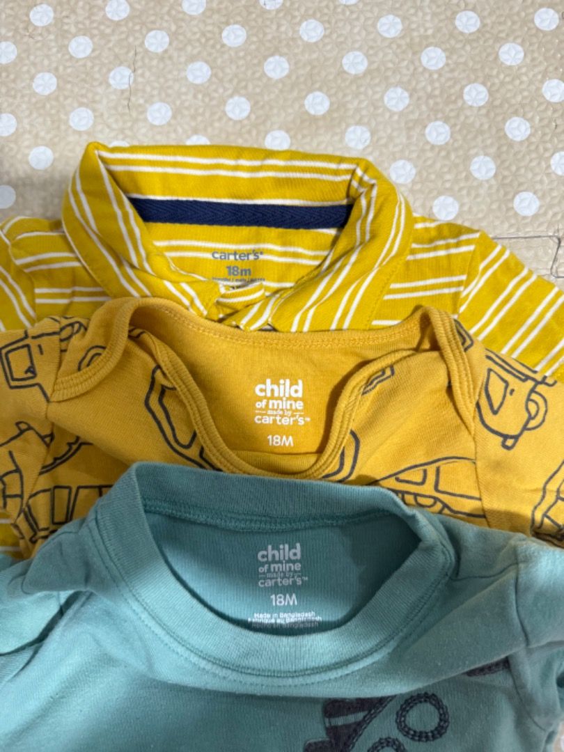 3-Pack Baby Bodysuits - Yellow & Teal (Category: Babies & Kids Fashion) located in Manila. Submitted by louvemaria (Listing ID 1441488479, Image 2). Description: - Set of 3 cute baby bodysuits - One yellow & white striped with polo collar - One yellow with truck & fire engine print - One teal with dinosaur graphic - Ideal for everyday wear.
