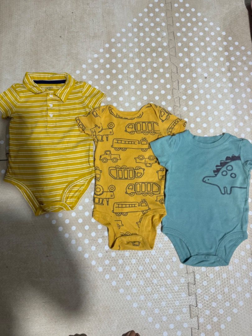 3-Pack Baby Bodysuits - Yellow & Teal (Category: Babies & Kids Fashion) located in Manila. Submitted by louvemaria (Listing ID 1441488479, Image 1). Description: - Set of 3 cute baby bodysuits - One yellow & white striped with polo collar - One yellow with truck & fire engine print - One teal with dinosaur graphic - Ideal for everyday wear.