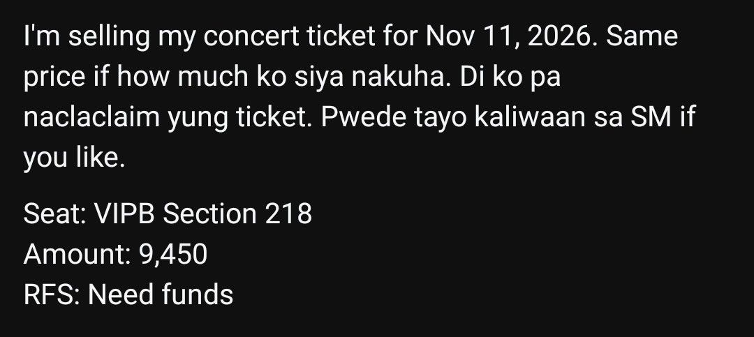 5SOS MNL (NOV 11, 2026) (Category: Events Tickets) located in Makati City. Submitted by trishamacatlang (Listing ID 1441411833, Image 1). Description: .