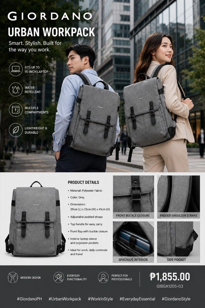 🎒 Backpack (Giordano) (Category: Laptop Bags & Sleeves) located in Cagayan de Oro. Submitted by thrift_ko_lang1523 (Listing ID 1441454210, Image 1). Description: 🎒 Elevate your everyday commute with the Giordano Urban Workpack. Designed for modern professionals, this versatile backpack combines style, comfort, and functionality in one sleek package. Whether you're heading to the office, attending meetings, or navigating the city, the Urban Work